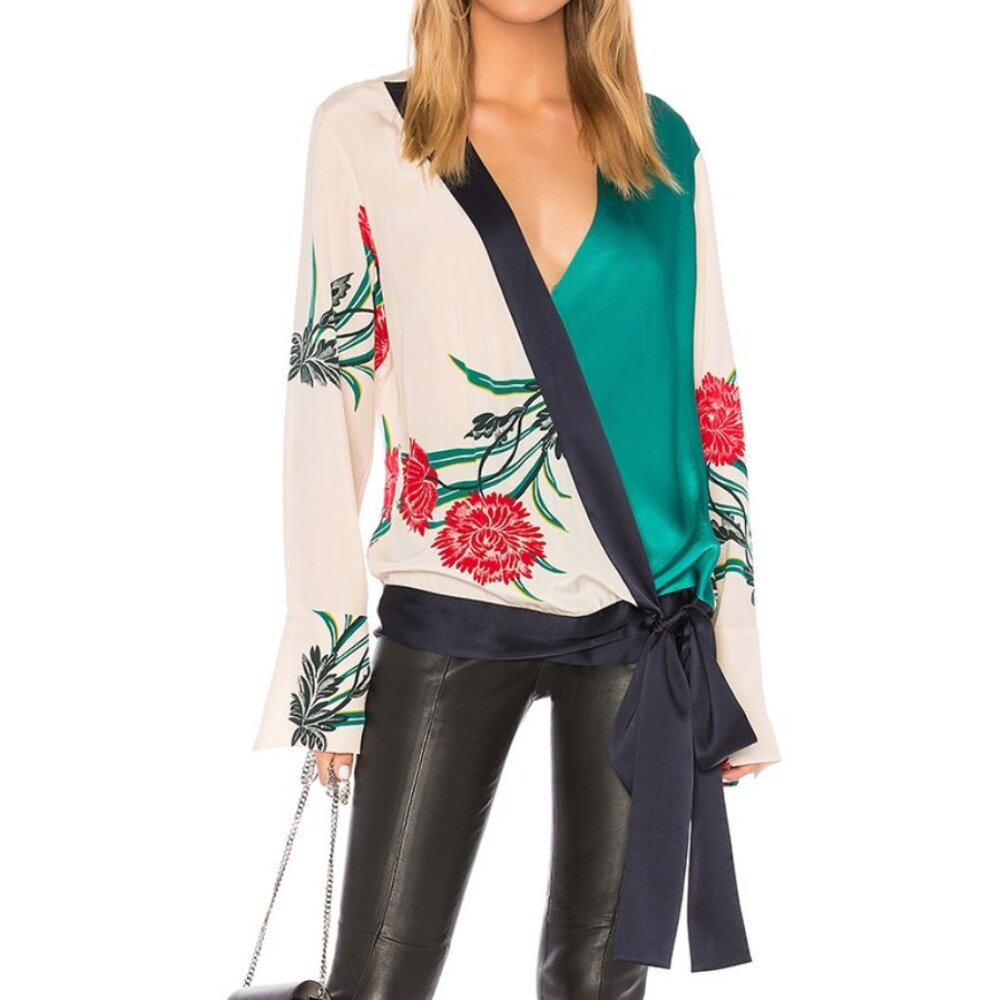 Floral Wrap Blouse with Navy Accents